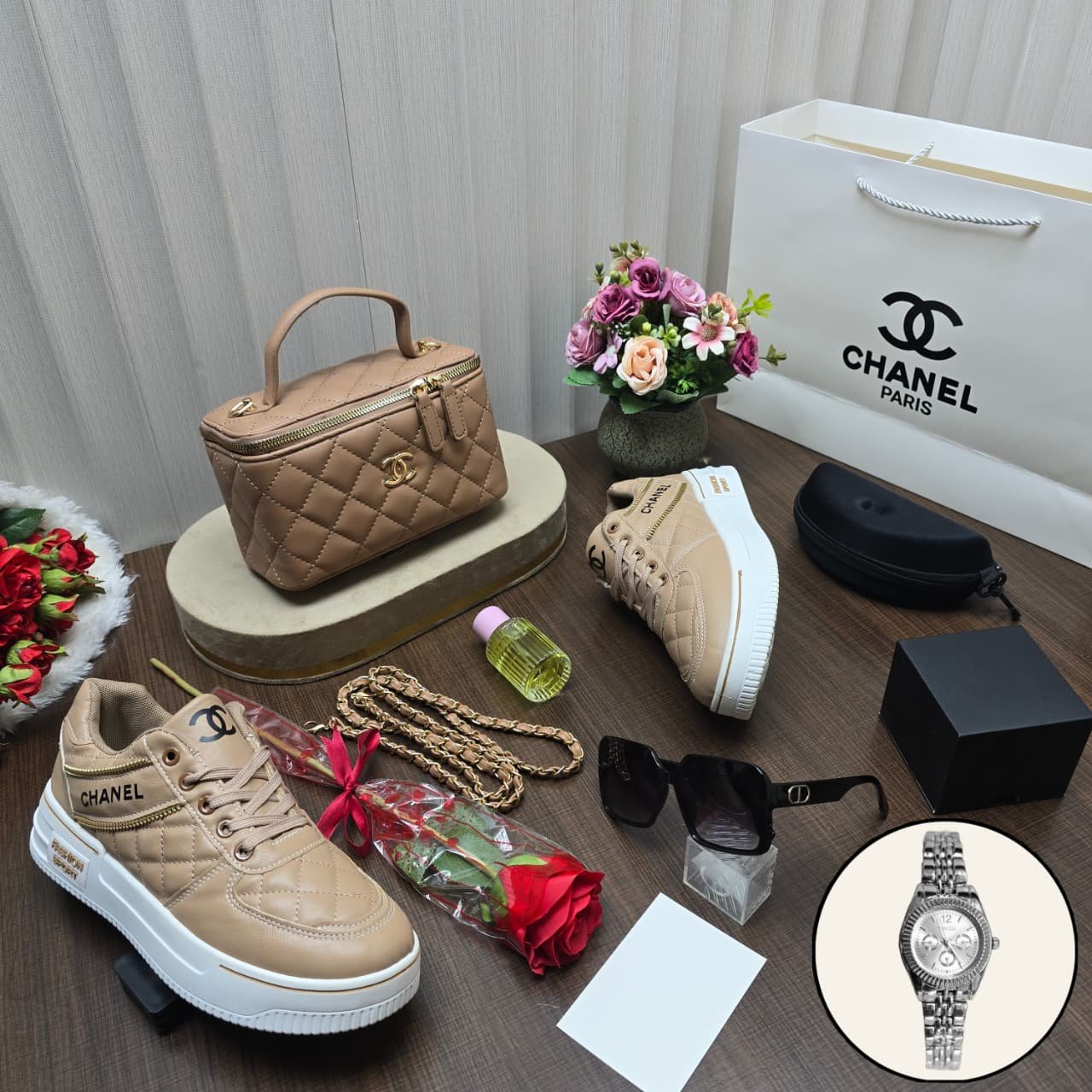 بوكس هدايا نسائي فاخر | شنطة، شوز، ساعة، عطر وإكسسوارات راقية