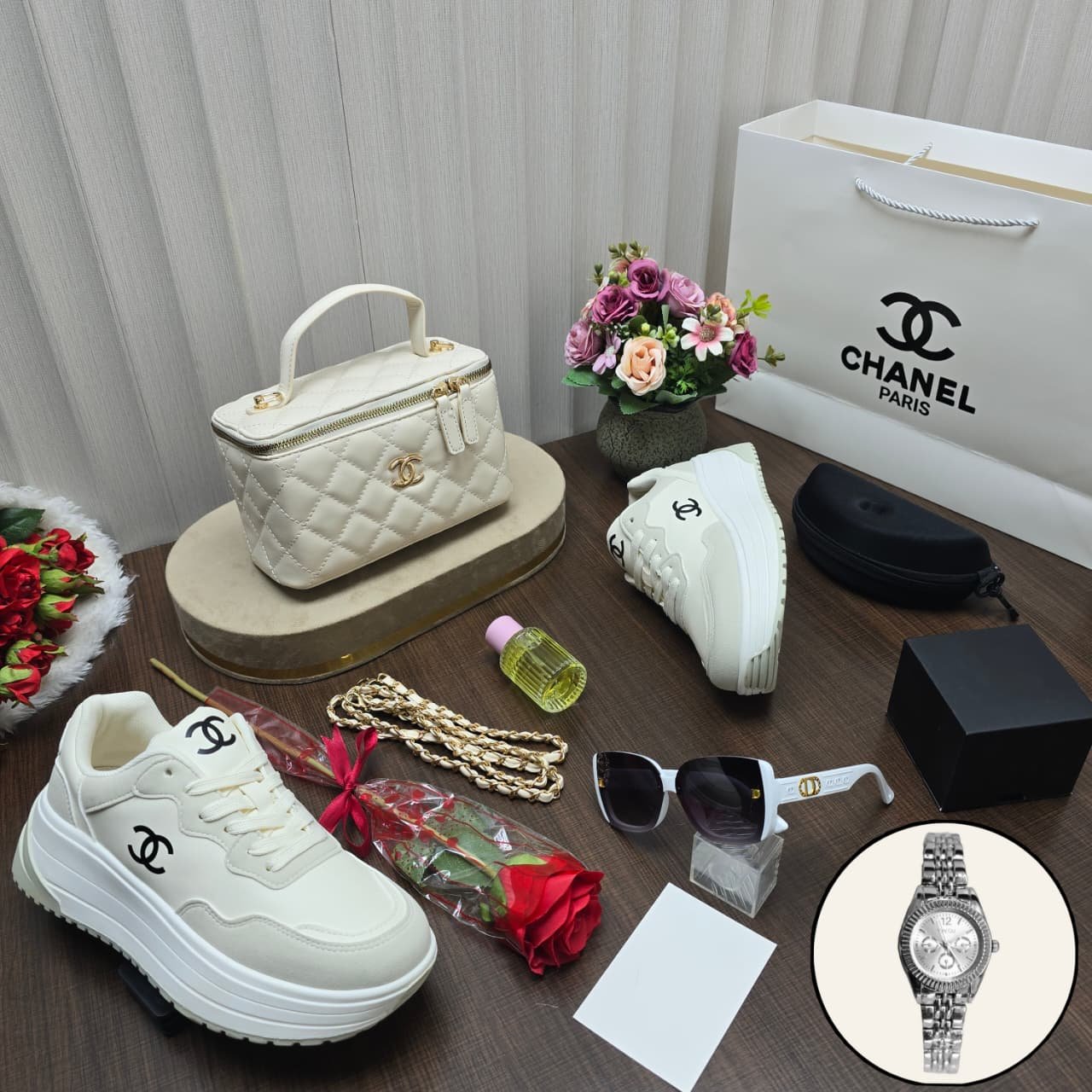 بوكس هدايا نسائي فاخر | شنطة، شوز، ساعة، عطر وإكسسوارات راقية