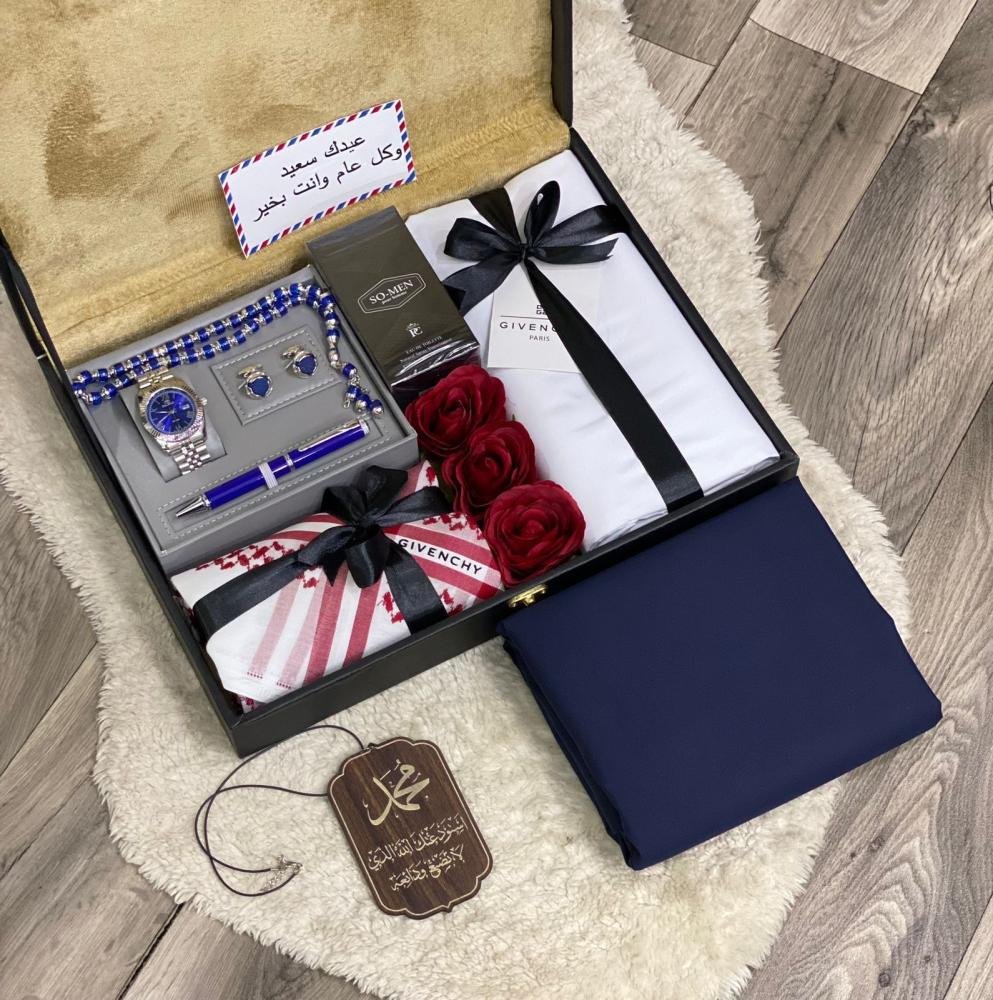 بوكس هدية عيد رجالي فاخر – طقم جفنشي مع شماغ وإكسسوارات أنيقة