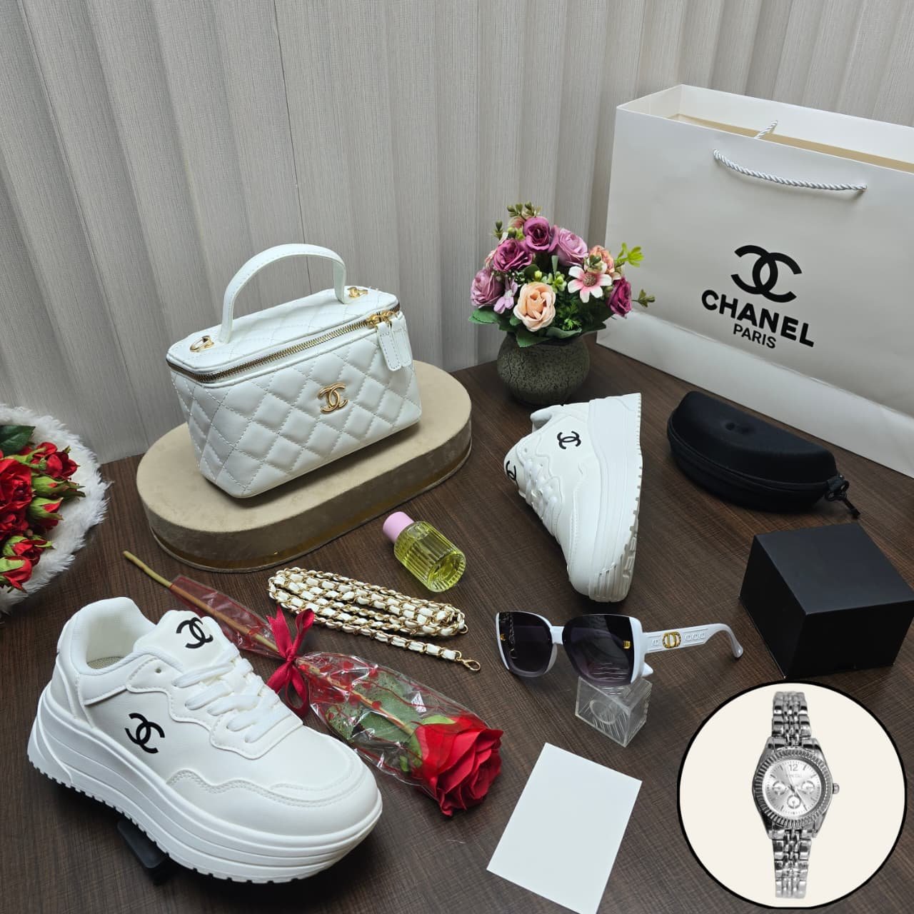 بوكس هدايا نسائي فاخر | شنطة، شوز، ساعة، عطر وإكسسوارات راقية